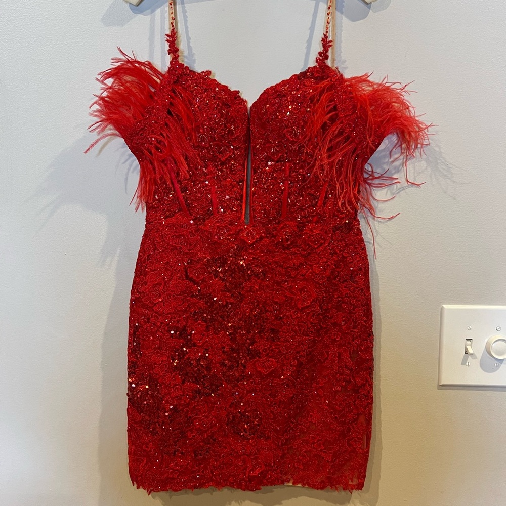 Sherri Hill Red Feathered Cocktail Dress